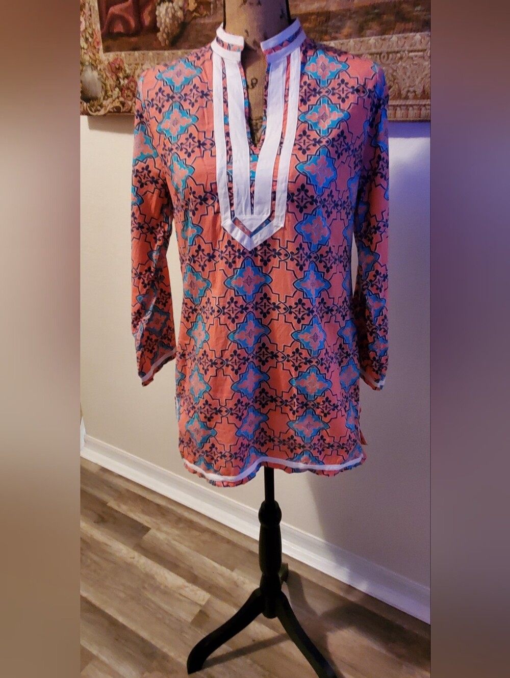 Women's Coral and Turquoise Printed Tunic Top with Contrast Trim